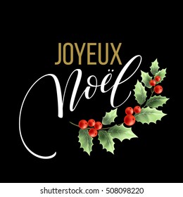 Merry Christmas card template with greetings in french language. Joyeux noel. Vector illustration EPS10