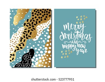 Merry Christmas card template. Hand drawn textures, lettering. Golden metallic, black, white colors. Holiday greetings. EPS10 vector.