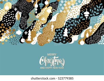 Merry Christmas card template. Hand drawn textures, lettering. Golden metallic, black, white colors. Holiday greetings. EPS10 vector.