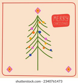Merry Christmas card template. Holiday greeting poster design with lettering inscription. Modern hand drawn vector illustration of Christmas trees