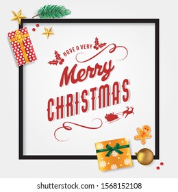 Merry Christmas card template with pine leaves, star, gingerbread man, presents, bauble and Christmas cherries, vector