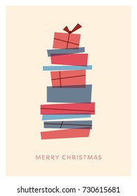 Merry Christmas card template with retro vintage overlay christmas presents stack. Minimalistic artistic holiday celebration background. Eps10 vector illustration.