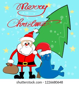 Merry Christmas card template with santa claus, sea lion and christmas tree. Vector illustration