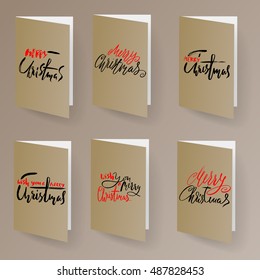 Merry Christmas card template set with lettering elements in gold metallic color. Ideal for xmas greetings. EPS10 vector.