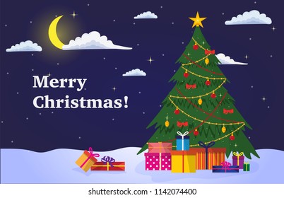Merry Christmas card template with christmas tree illustration. New Year night landscape with christmas tree with decorations, with starry sky with clouds and crescent moon
