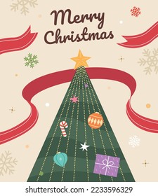 Frohe Weihnachtskartenvorlage mit Baum, rotem Band und schneeflackerndem Hintergrund. Flache Vektorgrafik.