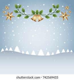 merry christmas card template tree snow and branch bells star