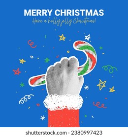 Merry Christmas card template. Vector illustration with halftone Santa Claus hand holding candy cane. Retro Christmas banner for decoration holiday greetings, posters, parties with hand drawn doodle.