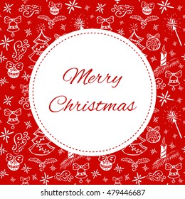 Merry christmas card template vector. Print with white holiday symbols on red background. Design for gift or greeting concept, postcard.