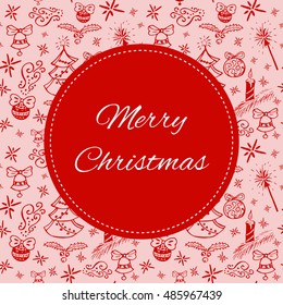 Merry Christmas card template vector. Print with holiday symbols on pink background. Design for gift or greeting concept, label, package, sticker, postcard.