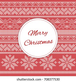 Merry Christmas card template vector. Red print with holiday knitted sweater pattern. Warm wishes postcard. Season design for shopping web banner, gift greeting tag, label or sticker.