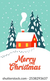 Merry Christmas Card Template with Winter Landscape: Red House and Christmas Trees. Vector illustration in Trendy Retro Style