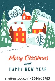 Merry Christmas Card Template with Winter Cozy City. Vector Illustration in Trendy Retro Style