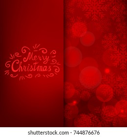 Merry Christmas card with text on red background with snowflakes and bokeh lights. Vector Christmas card, logo, text design. Vector design for banners, greeting cards, flyers, cards posters invitation