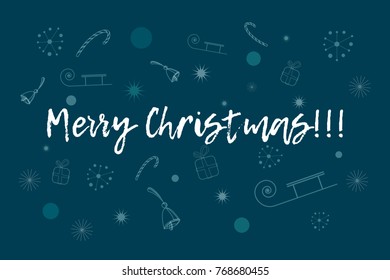Merry Christmas card. Text over background with snowflakes, gifts, candy cane, bells, stars, sleigh. New Year and winter background. Vector illustration.