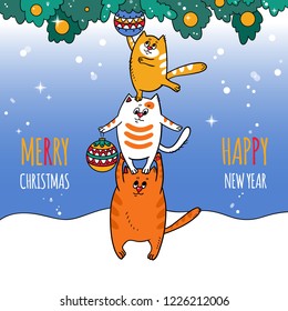 Merry Christmas card with three cats, the Christmas tree and Christmas balls