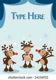 Merry Christmas Card with three happy reindeer with a bulb in his nose