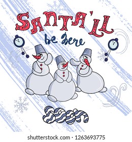 Merry Christmas card. Three snowmen are waiting for the arrival of Santa. Vector file.