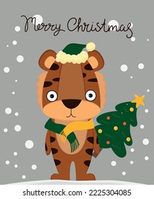 Merry Christmas card with Tiger a Santa hat, Scarf and a Christmas tree