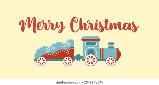 Merry Christmas card. Toy train. Retro toys for the new year. Vector, flat style.