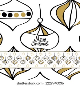 Merry Christmas card with christmas toys white, gold and black colors.