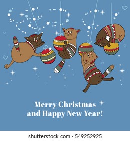 Merry Christmas card with Christmas tree balls and cats
