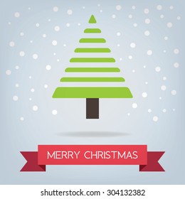 Merry christmas card, with christmas tree, blue background & Flat simple Design