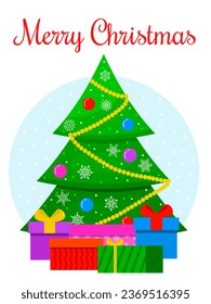 Merry Christmas card. A Christmas tree, brightly painted to the eve with gift boxes. Happy New Year. Vector postcard on an isolated background.