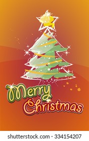 A Merry Christmas card with christmas tree brush drawing - Orange version