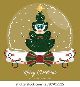 Merry christmas card Christmas tree catoon Vector