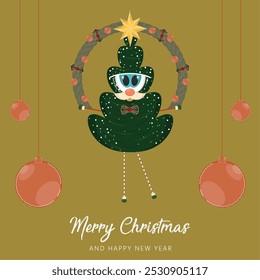 Merry christmas card Christmas tree catoon Vector