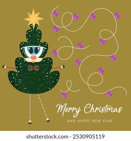 Merry christmas card Christmas tree catoon Vector