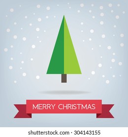 Merry Christmas card, with christmas tree, flat design & Blue background