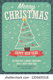 Merry Christmas card with christmas tree and gift boxes on winter background, vector illustration