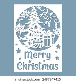 Merry Christmas card with Christmas tree and giftboxes, template for cutting.