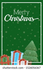 merry christmas card with tree and gifts vector illustration design