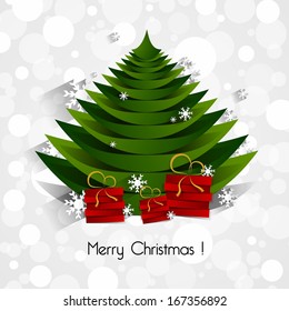 Merry Christmas Card With Tree, Gifts And Snowflakes vector illustration