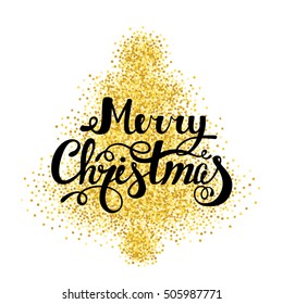 Merry Christmas card with Christmas tree. Handdrawn lettering. Great design element for greeting card. Holiday clipart. Vector gold.