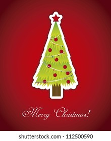 merry christmas card with tree over red background. vector