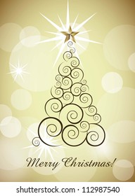 merry christmas card with tree over gold background. vector