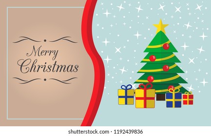 Merry Christmas card with tree and presents