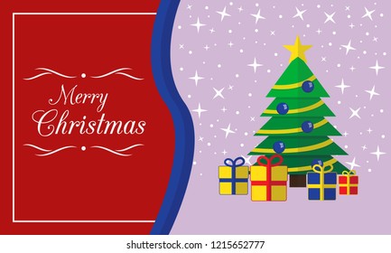 Merry Christmas card with tree and presents