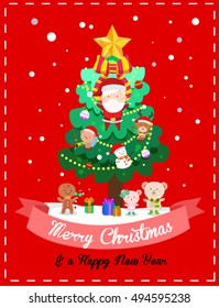 merry Christmas card with christmas tree and santa and cute friends set one 