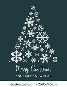 Fröhliche Weihnachtskarte mit Weihnachtsbaumform aus weißen Schneeflocken auf dunklem Hintergrund festliches Winterurlaubsdesign