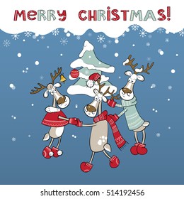 Merry Christmas card with Christmas tree, snow and deers