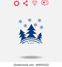 Merry Christmas card with tree and snowflakes vector icon on grey background.