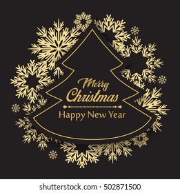 Merry Christmas card, Christmas tree and snowflakes