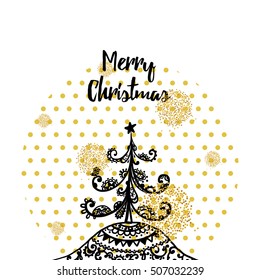 Merry Christmas card, Christmas tree and snowflakes. Hand-drawn tree, snow, doodle. Vector illustration.