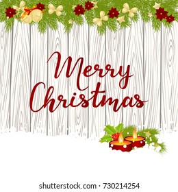 Merry Christmas card with christmas tree and toys. Vector illustration