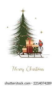 Merry christmas card with a christmas tree, winter sledge, colorful presents and bullfinch. Flat vector illustration.